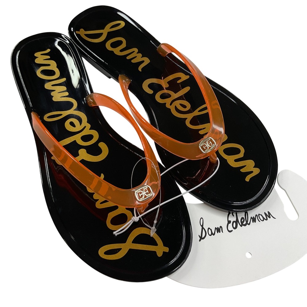 Sam Edelman Dean Jelly Flip Flops Black Orange Gold Logo Sandals Womens 7M